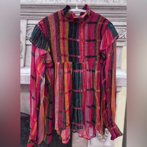 Bl^nk Anthropology Mock Turtleneck Multi-colored Striped Ruffled Blouse Small